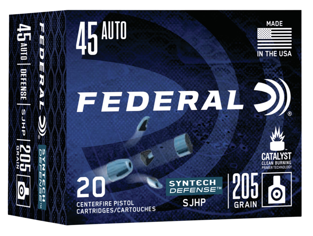 Federal Syntech Defense 45 ACP Ammo 205 Grain Federal Syntech Defense Jacketed Hollow Point Box of 20