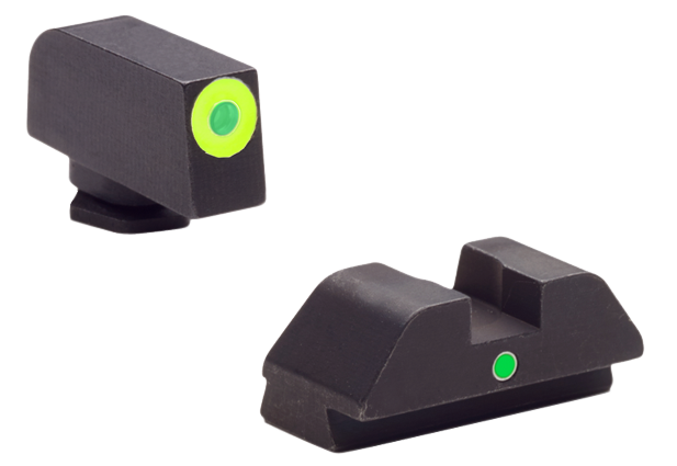 AmeriGlo I-Dot Front/Single Dot Rear Night Sight Set for Glock 42, 43 Pistols, Green with Lumigreen Outline Front, Green Rear - GL305
