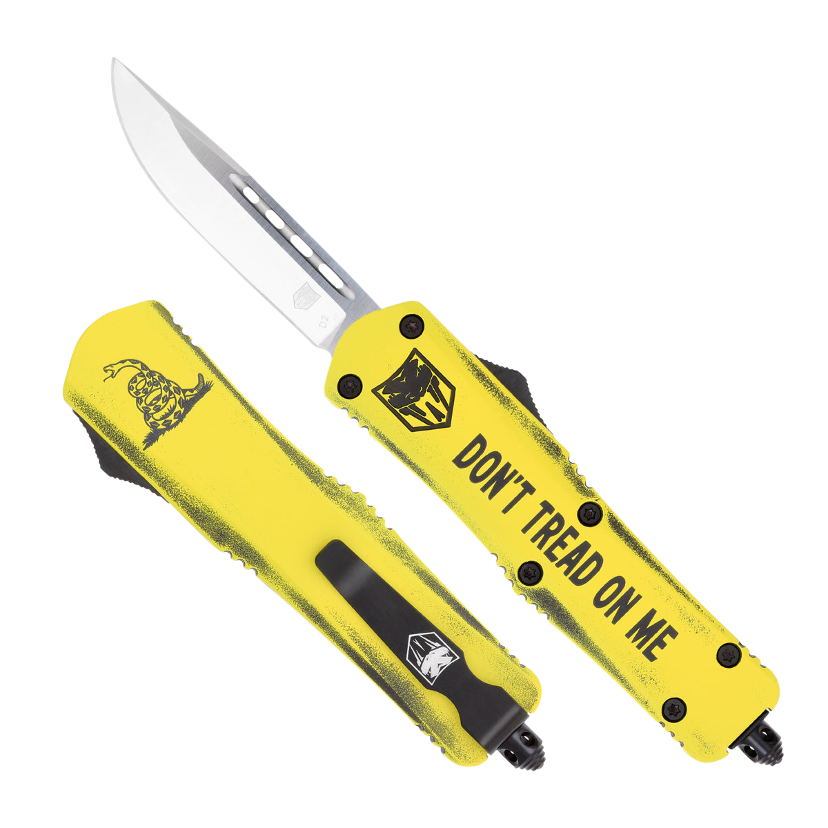 CobraTec Knives FS-3 Don't Tread On Me Medium OTF Drop Point Knife, Yellow - MDTOMFS-3DNS