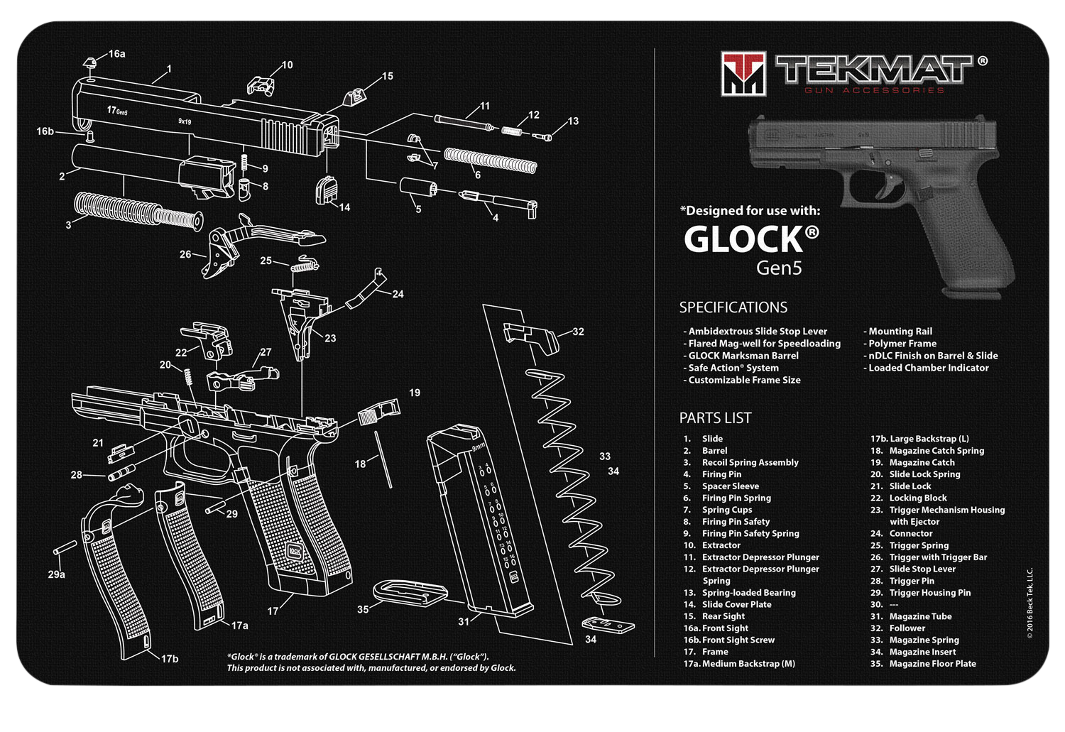 TekMat TEKR17GLOCKG5 Glock Gen5 cleaning mat 11x17 rubber parts diagram mat