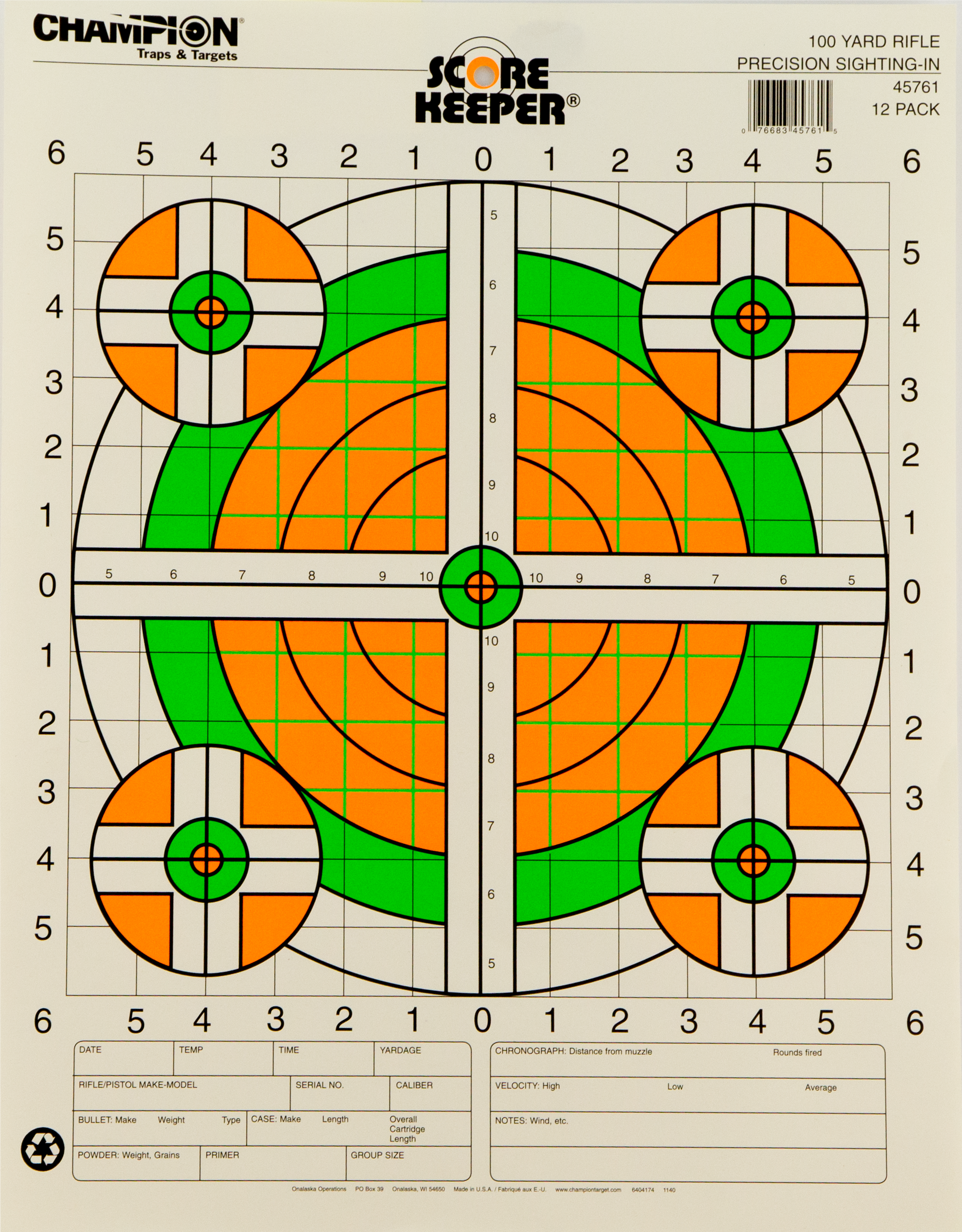 Champion Targets 45761 Score Keeper Bullseye Paper Hanging 100 yds Rifle 14 x 18 GreenOrange 12 PK