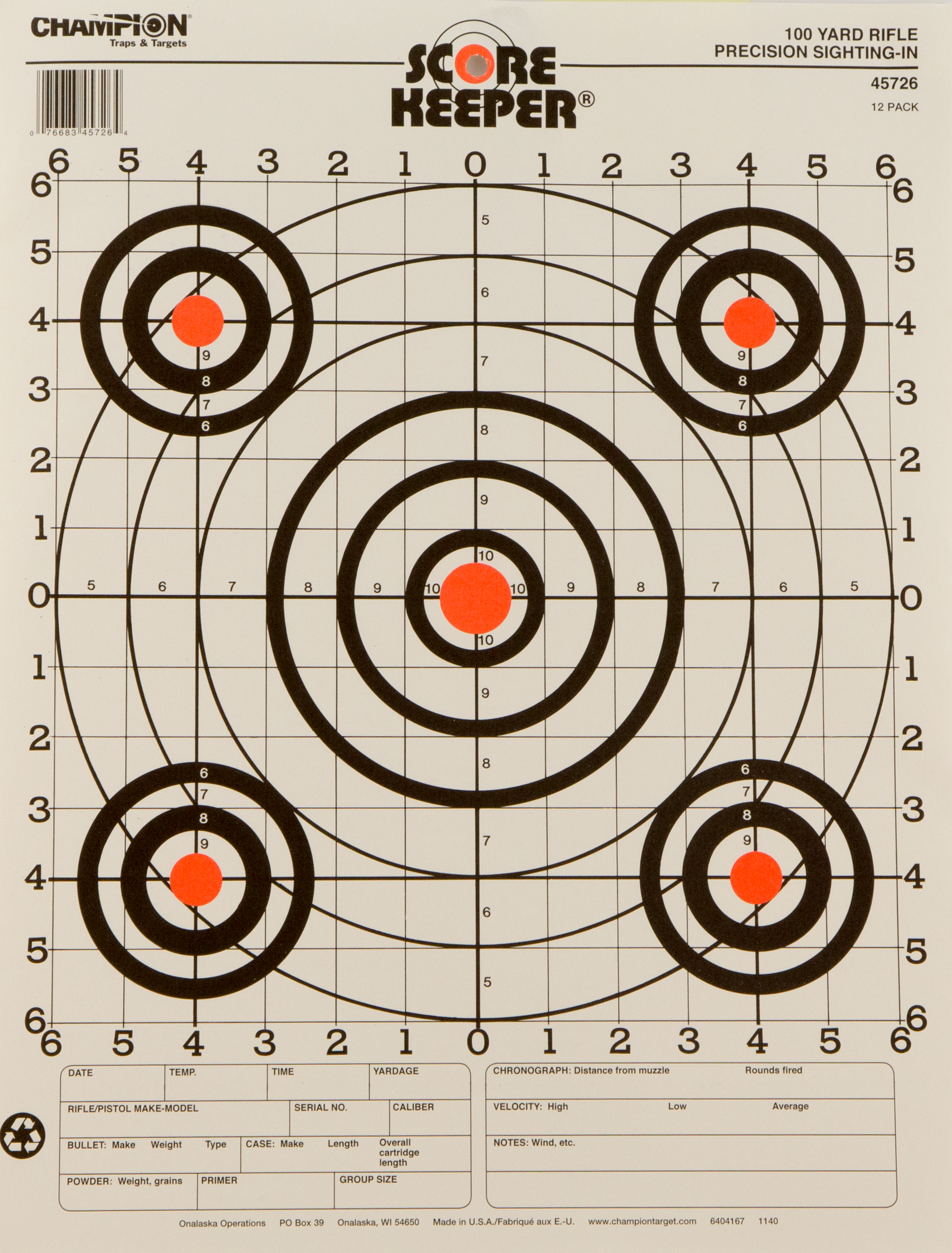 Champion Targets Score Keeper Bullseye 100 Yard Targets 12 Pack (White/Orange)
