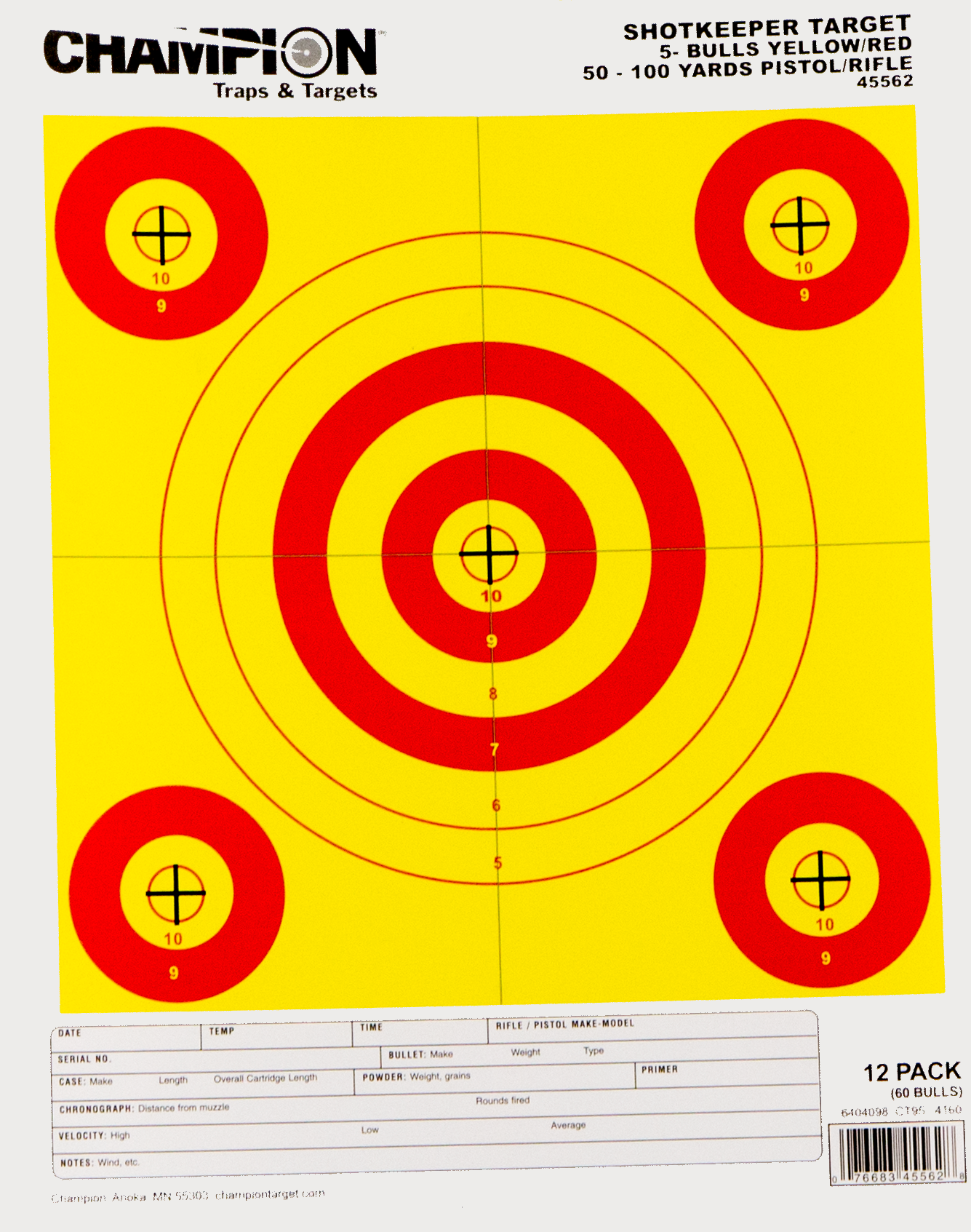 Champion Targets 45562 Shotkeeper 5Bullseye 50100 yds PistolRifle YellowRed 12 PK