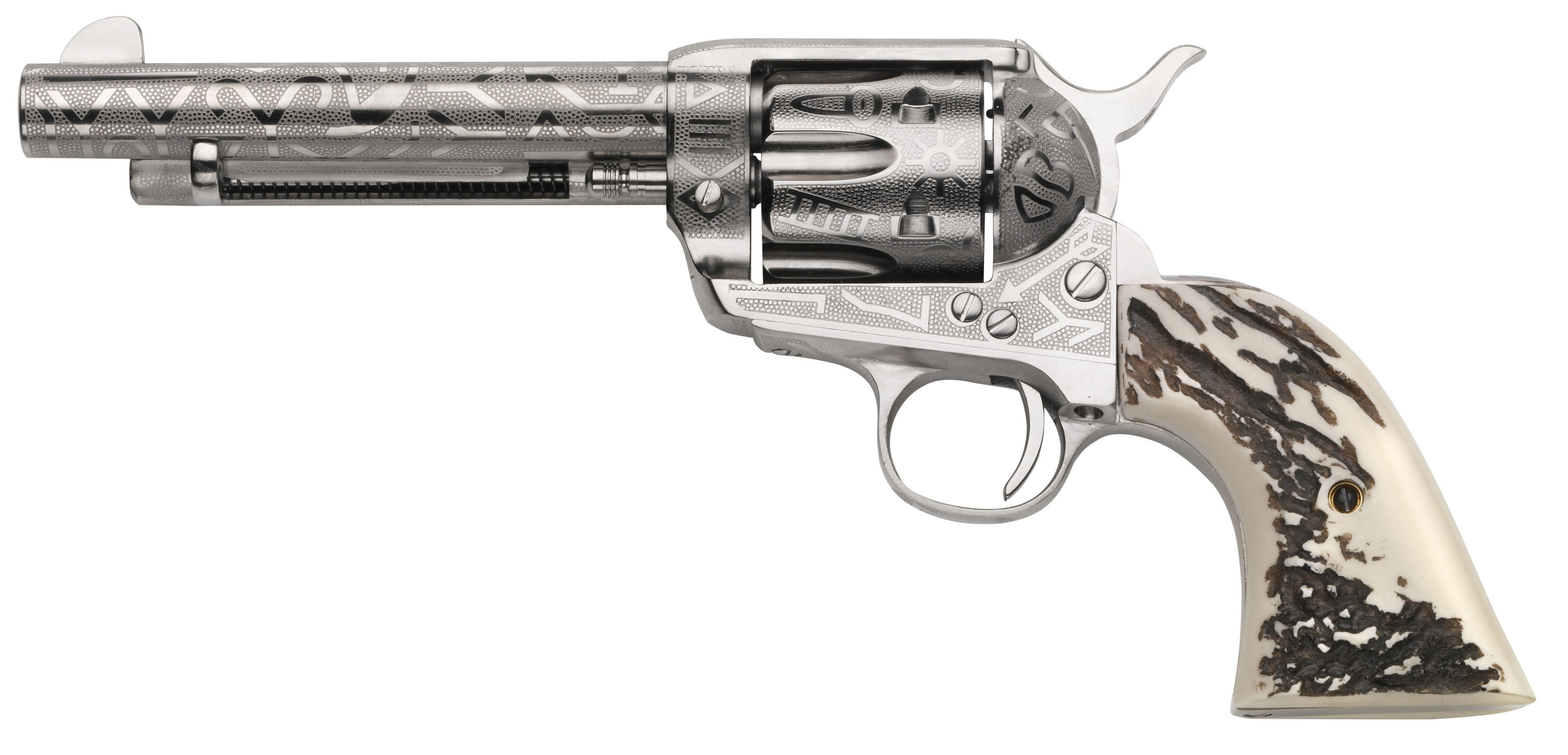 Taylors and Company OG1407 1873 Cattle Brand 357 Mag 6 Round 5.50 Nickel Engraved Stag Imitation Grip