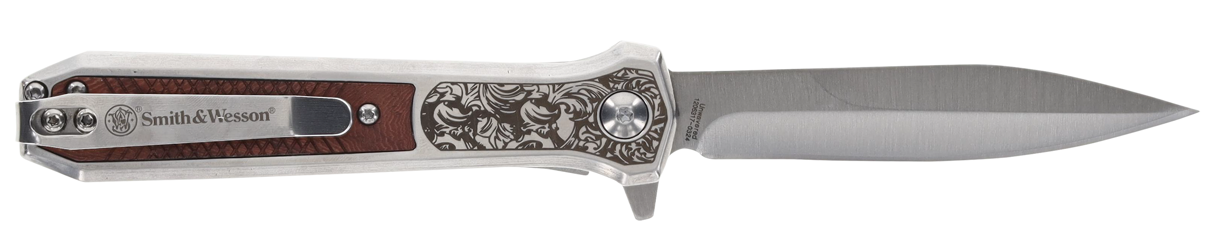 S&W KNIFE UNWAVERED SPRING AST 3.5 SS/ROSEWOOD ENGRV DAGGER