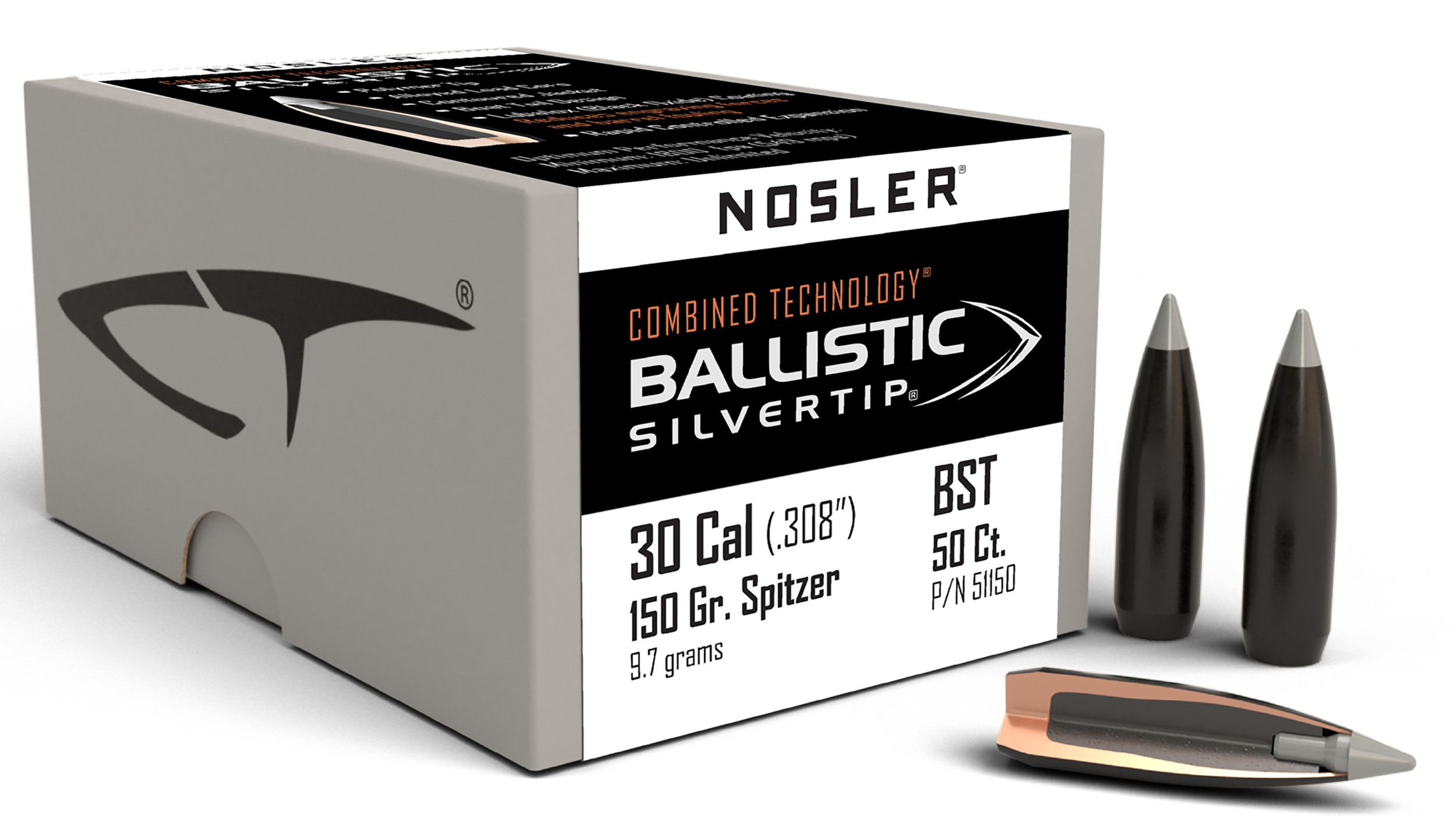 Nosler 30 Cal 150gr Ballistic Silvertip Spitzer 50/Box