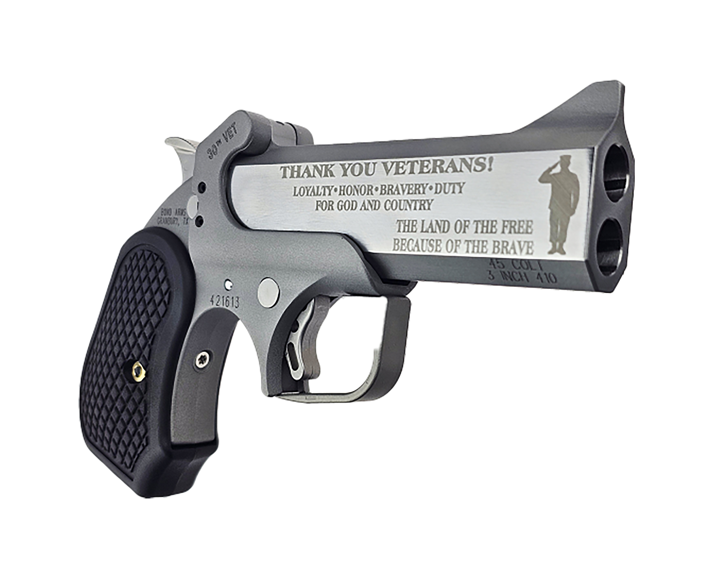 Bond Arms(R) - BA30THVET-45LC-410 - 30th Vet 45 Colt (LC)/410 Gauge 4.25" SA 2 Shot Matte SS Derringer Pistol