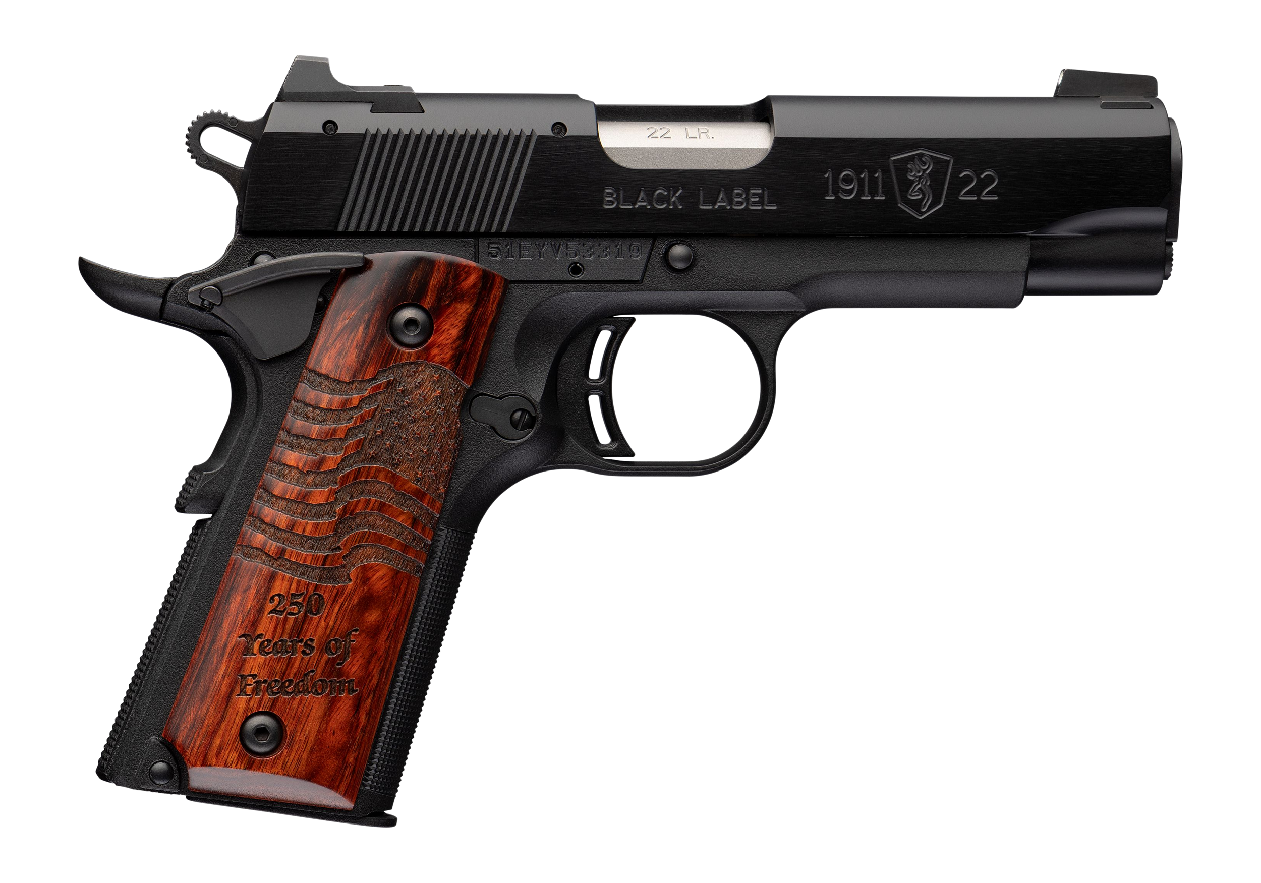 Browning(R) - 051072490 - 1911-22 Black Label Medallion 250 Compact 22 LR 3.63" Semi Auto 8+1 Black/Rosewood Pistol