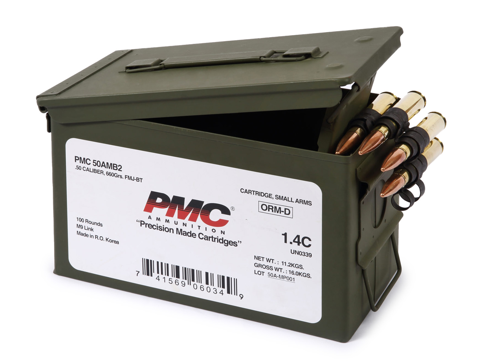 PMC Bronze 50 BMG 660 Gr FMJ Boat Tail - 100 Linked Rounds in Ammo Can