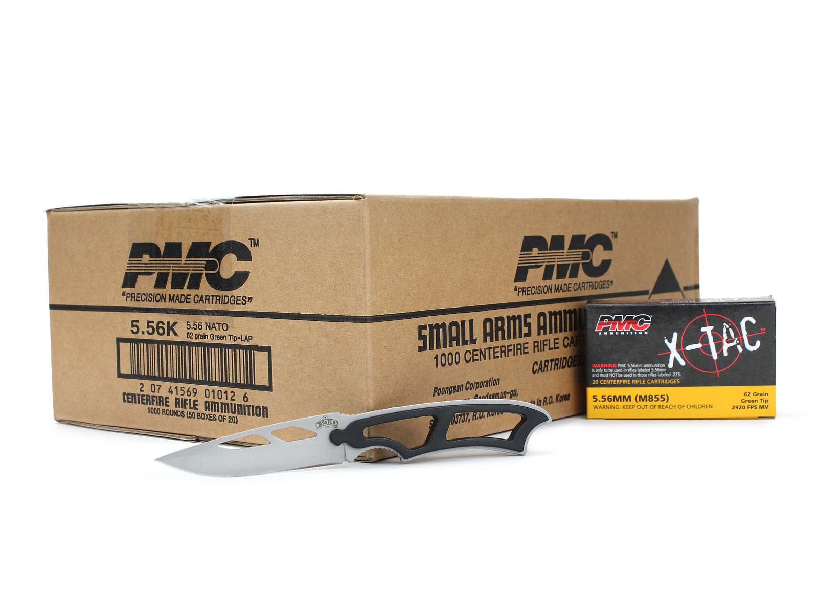 PMC X-TAC 5.56 NATO 62 Gr Green Tip LAP (Case) w/ Free Master USA Fixed Blade Knife