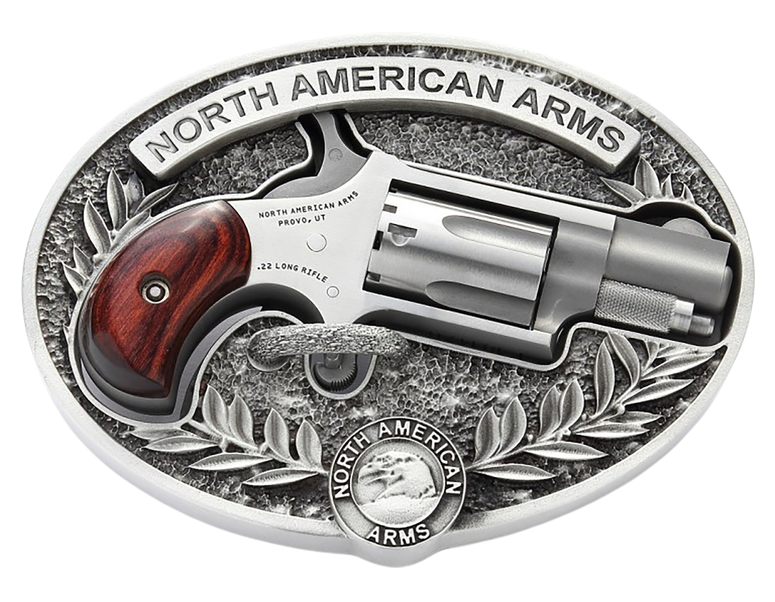 North American Arms(R) - NAA-22LR-BBO - Mini 22 LR 1.125" 5 RD Silver Wood Single Action Revolver with Oval Belt Buckle