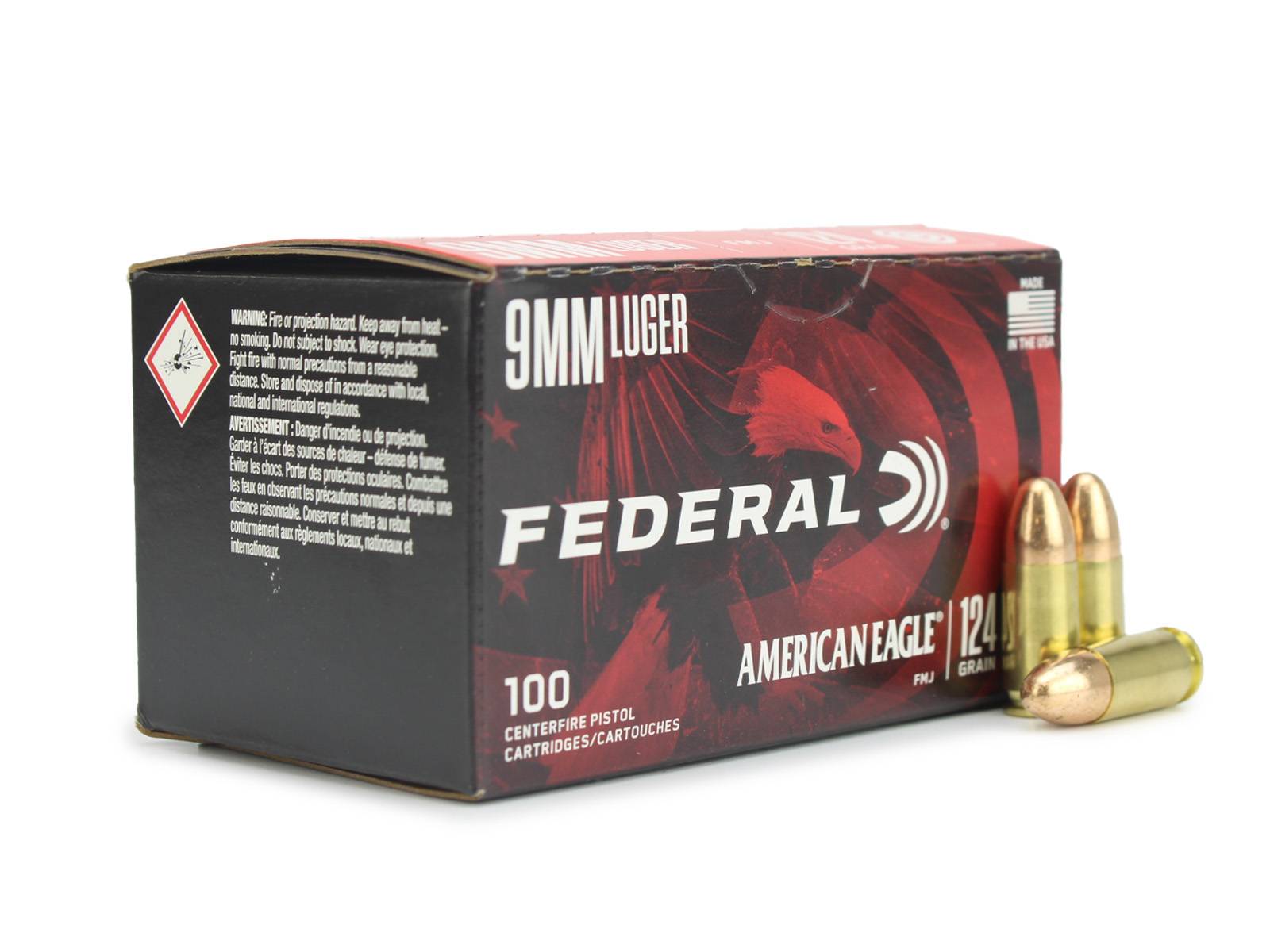 Federal American Eagle 9mm 124 grain FMJ 100 round box for matched practice