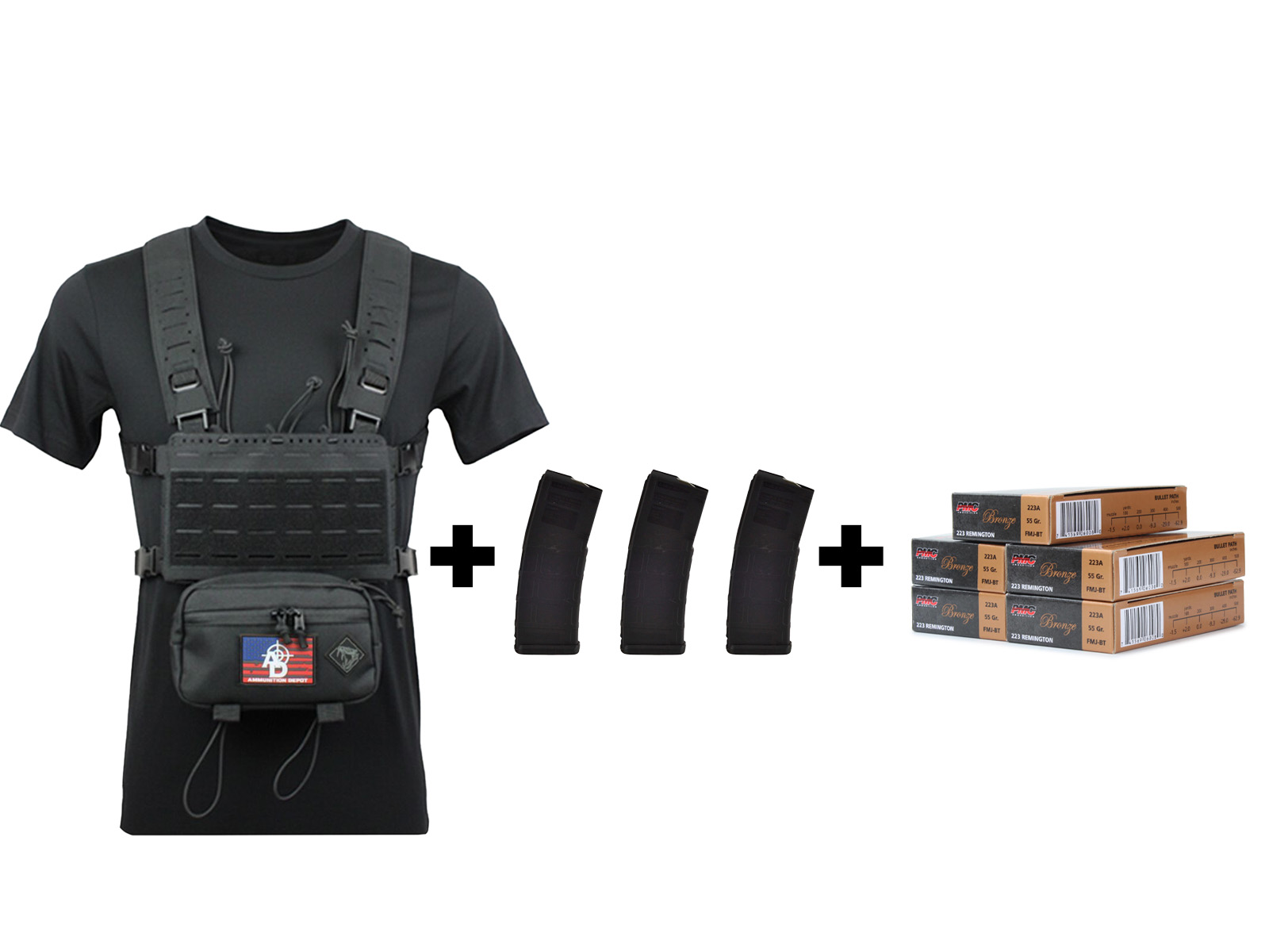 Rattlesnake Tactical Micro Chest Rig (Black) +3 Magpul PMAGs w/PMC Bronze 223 Rem 55 Gr FMJ BT (100 Rounds)