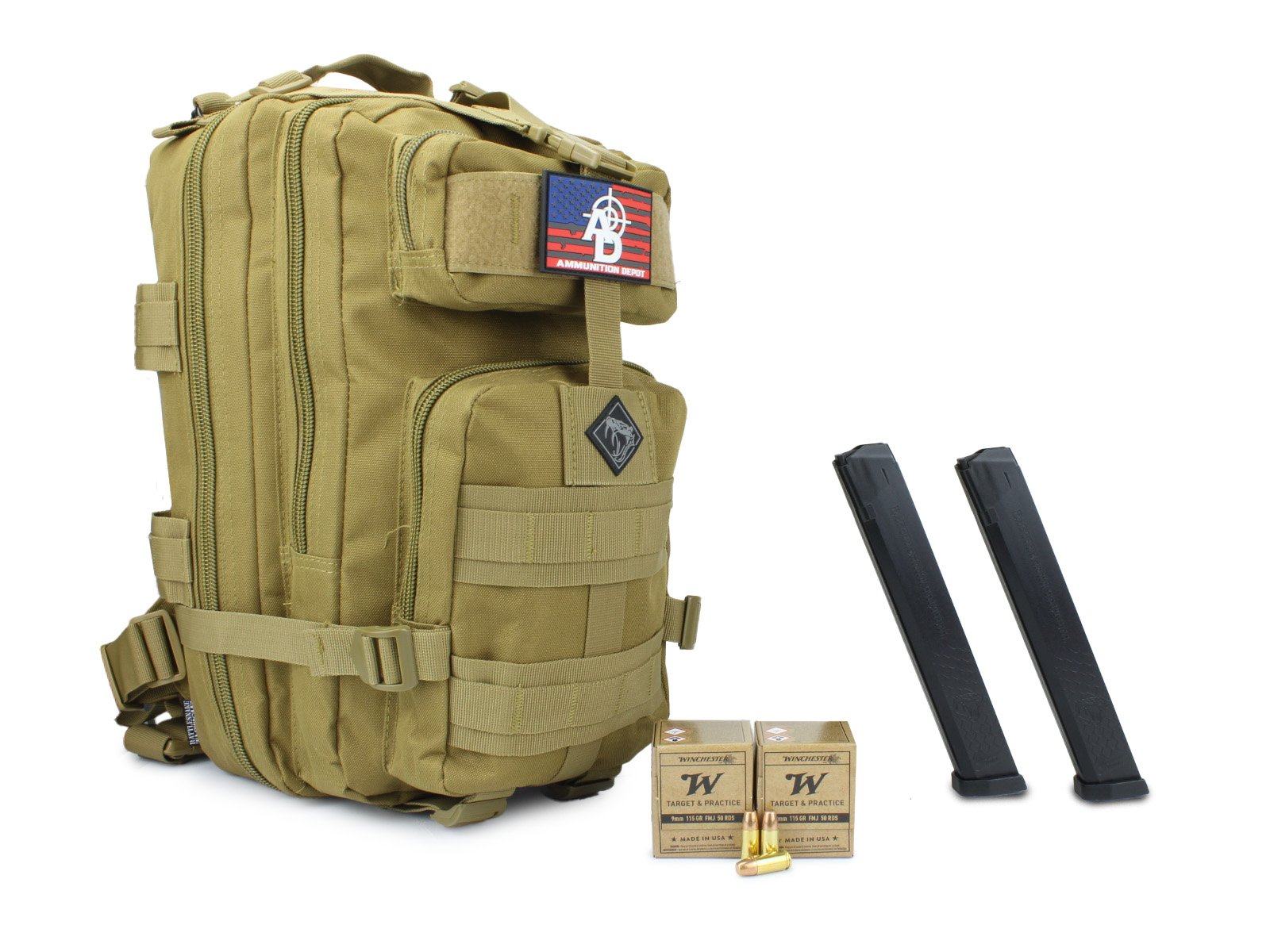 Ammo Deals of the Day 7 RTAC Backpack Bundle w/Winchester Service Grade 9mm 115 Gr FMJ (100 Rounds) + RTAC 9mm 34 Rd Magazines Designed for Glock Pattern Firearms (2)