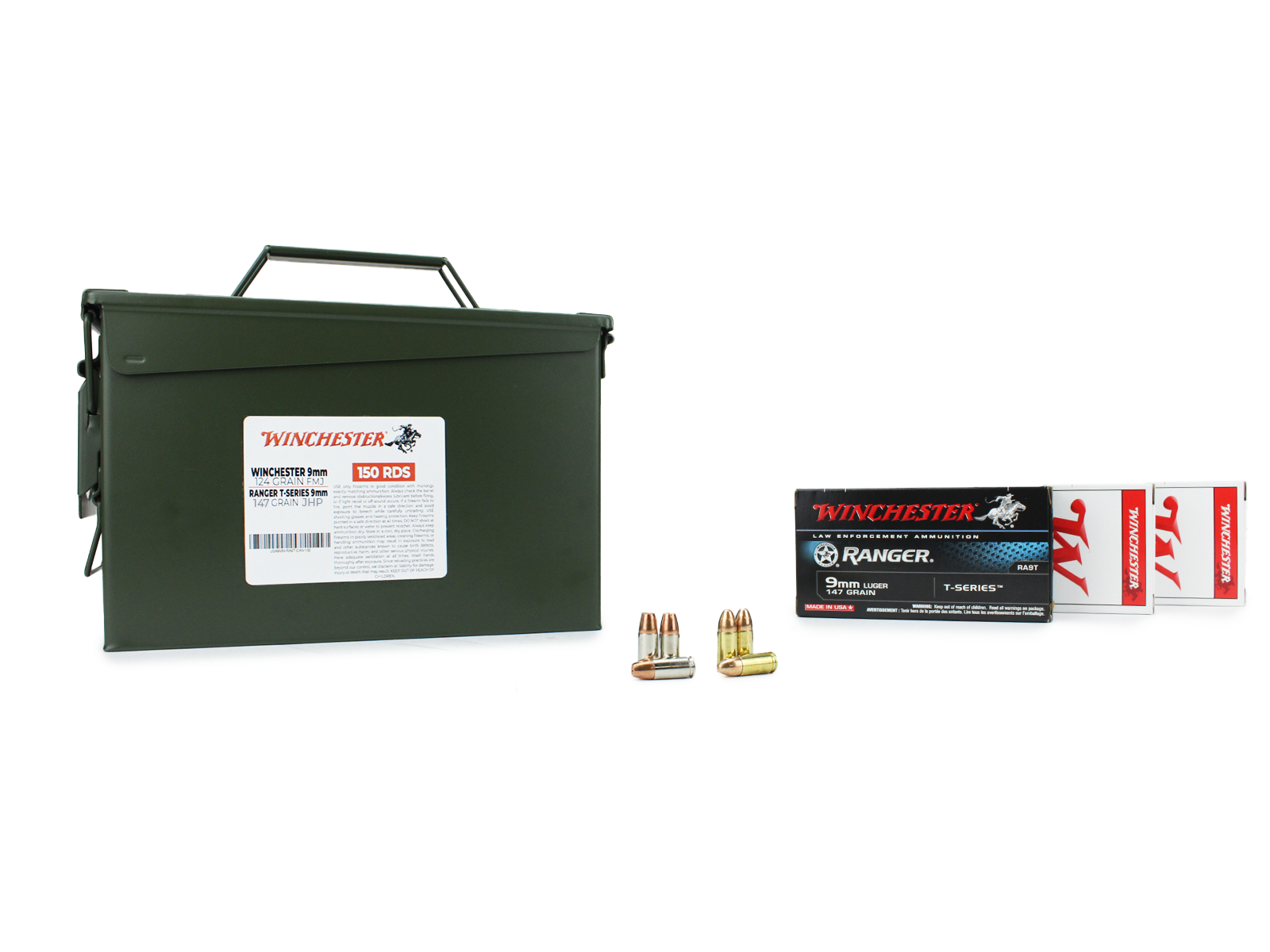 Winchester 9mm 124 Gr FMJ / Winchester Ranger T-Series 9mm 147 Gr JHP 150 Rounds in Heavy Duty Ammo Can Bundle