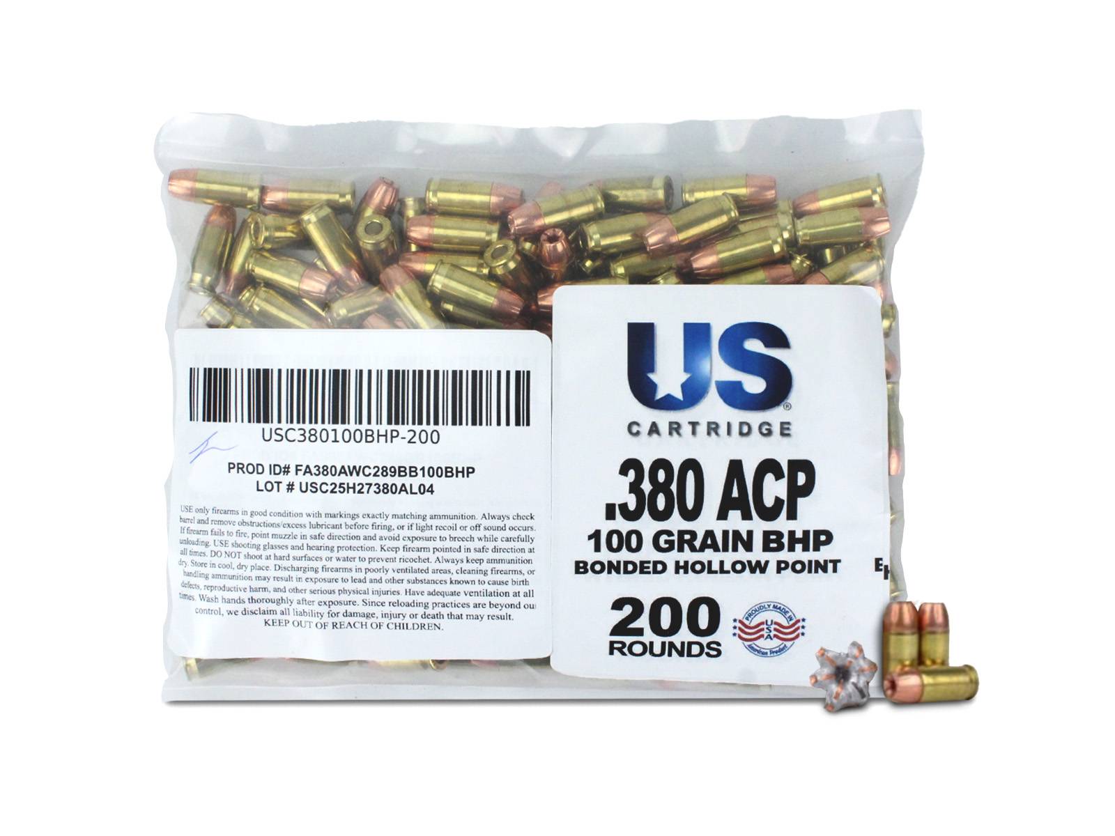 US Cartridge 380 ACP 100 Gr Bonded HP (200 Rounds)